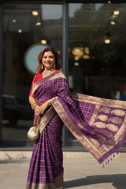 Indoniq Fashion's Banarasi Art Silk Weaving Saree with contrast Ready Patola Blouse