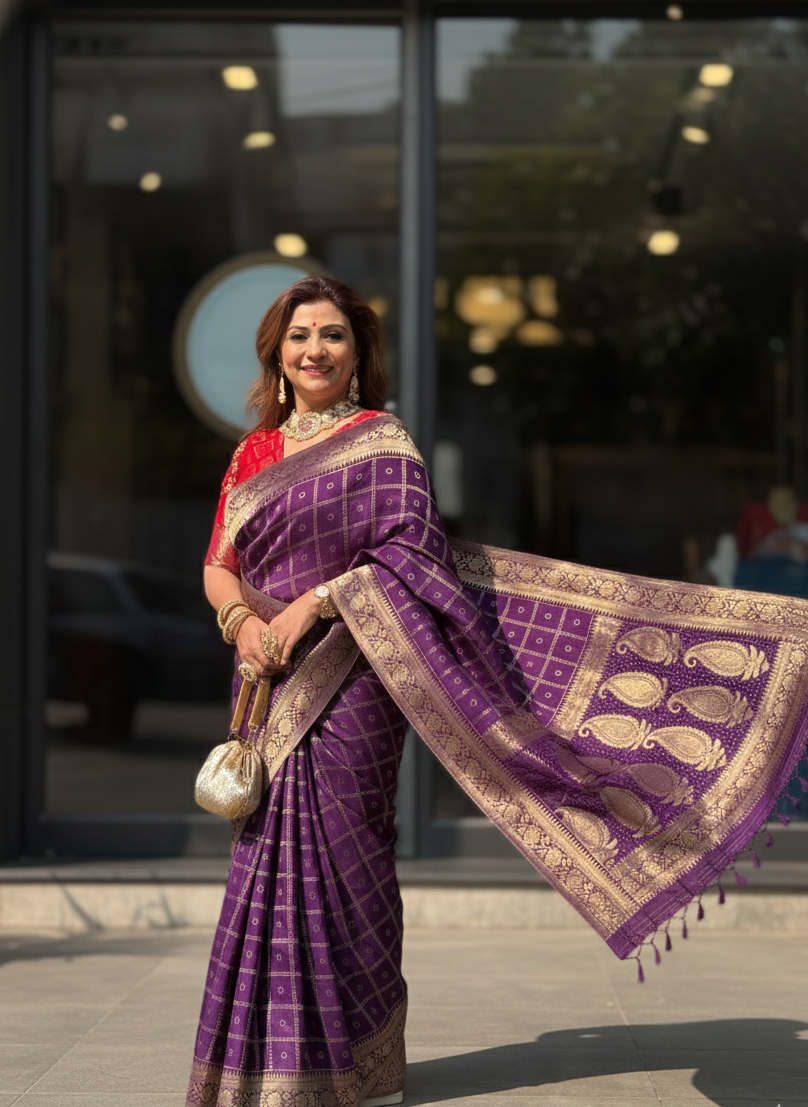 Indoniq Fashion's Banarasi Art Silk Weaving Saree with contrast Ready Patola Blouse