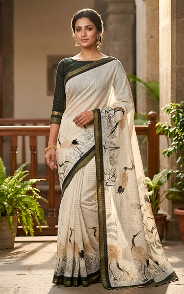 Pure Linen Zari Chex Weaving Duck Print Saree (Off-white & Black)