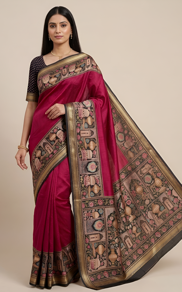 Temple Printed Soft Mul Cotton Saree with Zari Border (Pink)