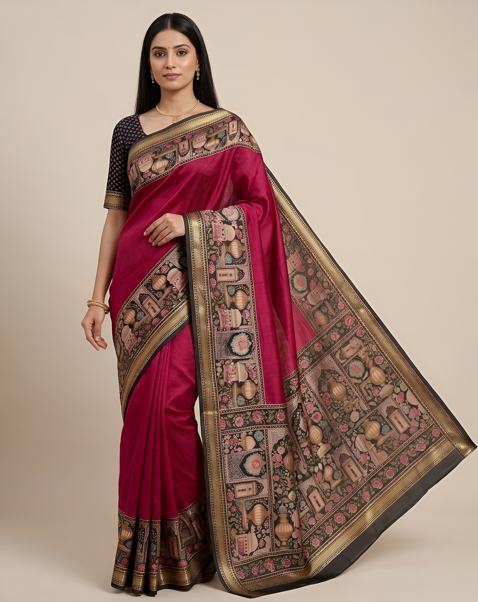 Temple Printed Soft Mul Cotton Saree with Zari Border (Pink)