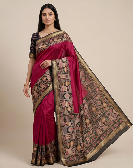 Temple Printed Soft Mul Cotton Saree with Zari Border (Pink)