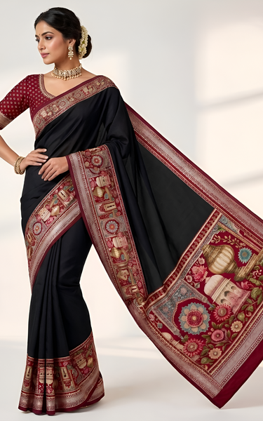 Temple Printed Soft Mul Cotton Saree with Zari Border (Black)