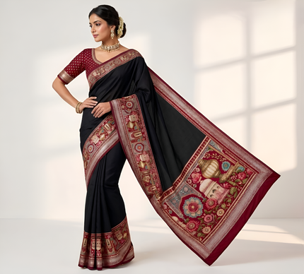 Temple Printed Soft Mul Cotton Saree with Zari Border (Black)