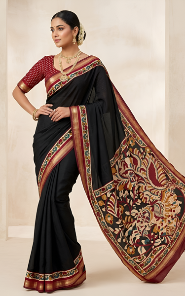 Soft Mul Cotton Kalamkari Pallu Saree with Zari Border (Black)