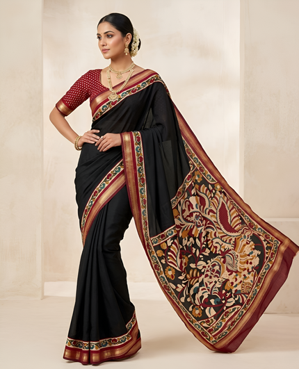 Soft Mul Cotton Kalamkari Pallu Saree with Zari Border (Black)