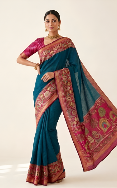 Temple Printed Soft Mul Cotton Saree with Zari Border (Teal Blue)