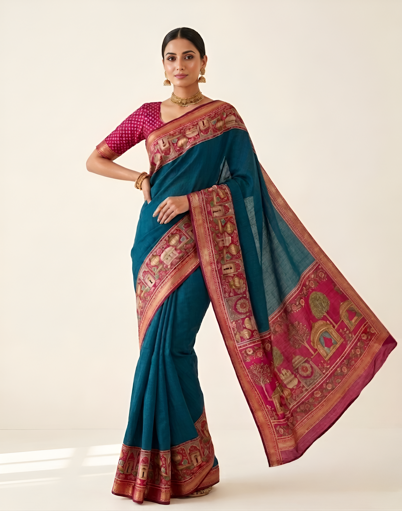 Temple Printed Soft Mul Cotton Saree with Zari Border (Teal Blue)
