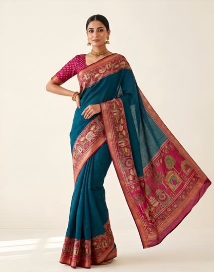 Temple Printed Soft Mul Cotton Saree with Zari Border (Teal Blue)