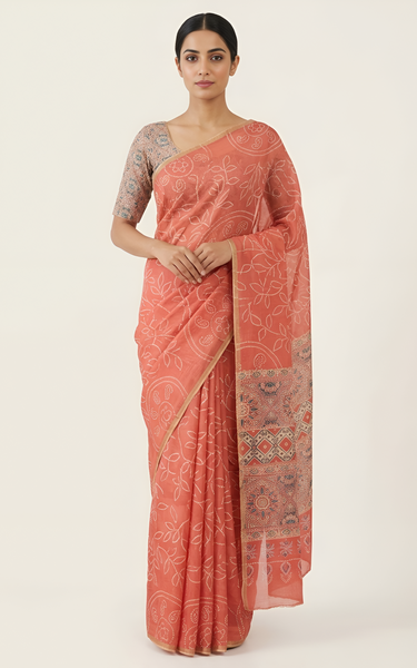 Ajrakh Kalamkari Zari Border Chanderi Saree (Coral Pink)