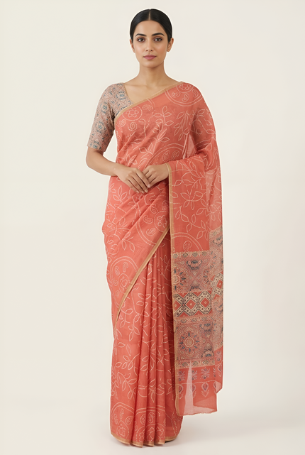 Ajrakh Kalamkari Zari Border Chanderi Saree (Coral Pink)