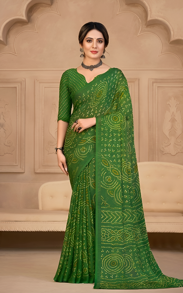 Georgette Bandhani Print Saree Green Festive Ethnic Wear with Blouse Piece