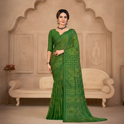Georgette Bandhani Print Saree Festive Ethnic Wear with Blouse Piece (Green)