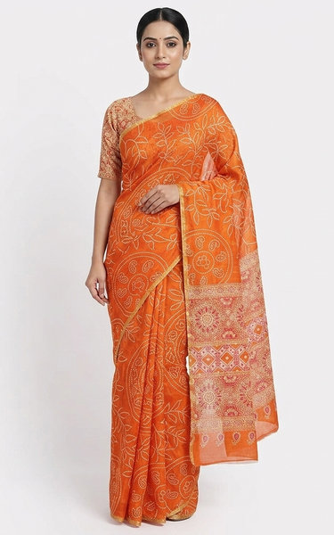 Ajrakh Kalamkari Zari Border Chanderi Saree (Orange)