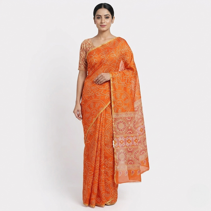 Ajrakh Kalamkari Zari Border Chanderi Saree (Orange)
