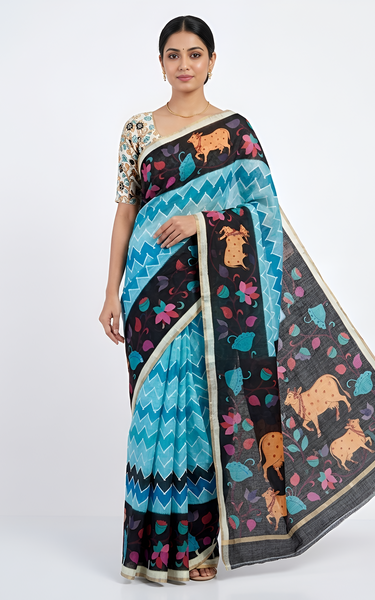 Kazari Print Linen Zari Border Saree (Blue Multicolor)