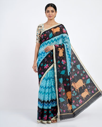 Kazari Print Linen Zari Border Saree (Blue Multicolor)
