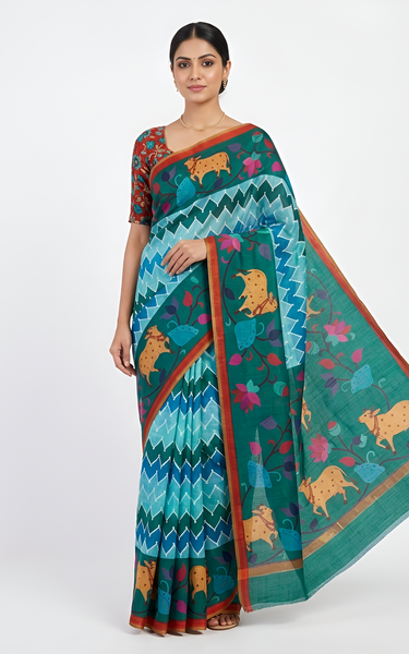Kazari Print Linen Zari Border Saree (Green Multicolor)
