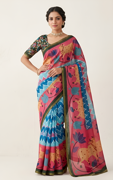 Kazari Print Linen Zari Border Saree (Pink Multicolor)