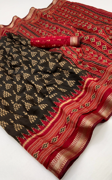 Ikkat Cotton Saree with Patola Pallu & Zari Border (Black & Marron)