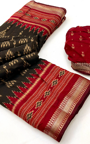 Ikkat Cotton Saree with Patola Pallu & Zari Border (Black & Marron)