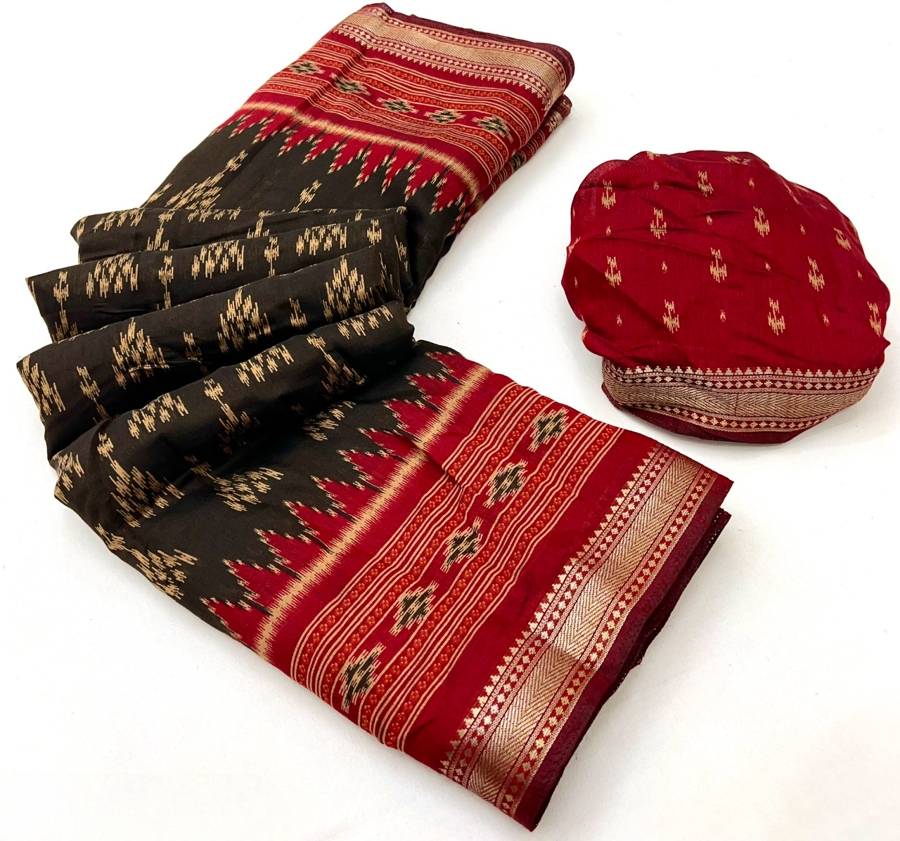 Ikkat Cotton Saree with Patola Pallu & Weaving Border (Black & Maroon)