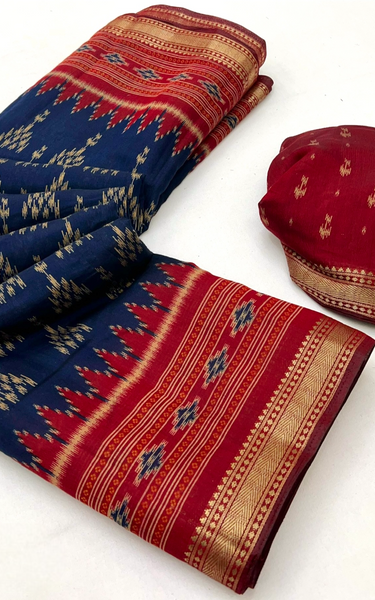 Ikkat Cotton Saree with Patola Pallu & Zari Border (Blue & Red)