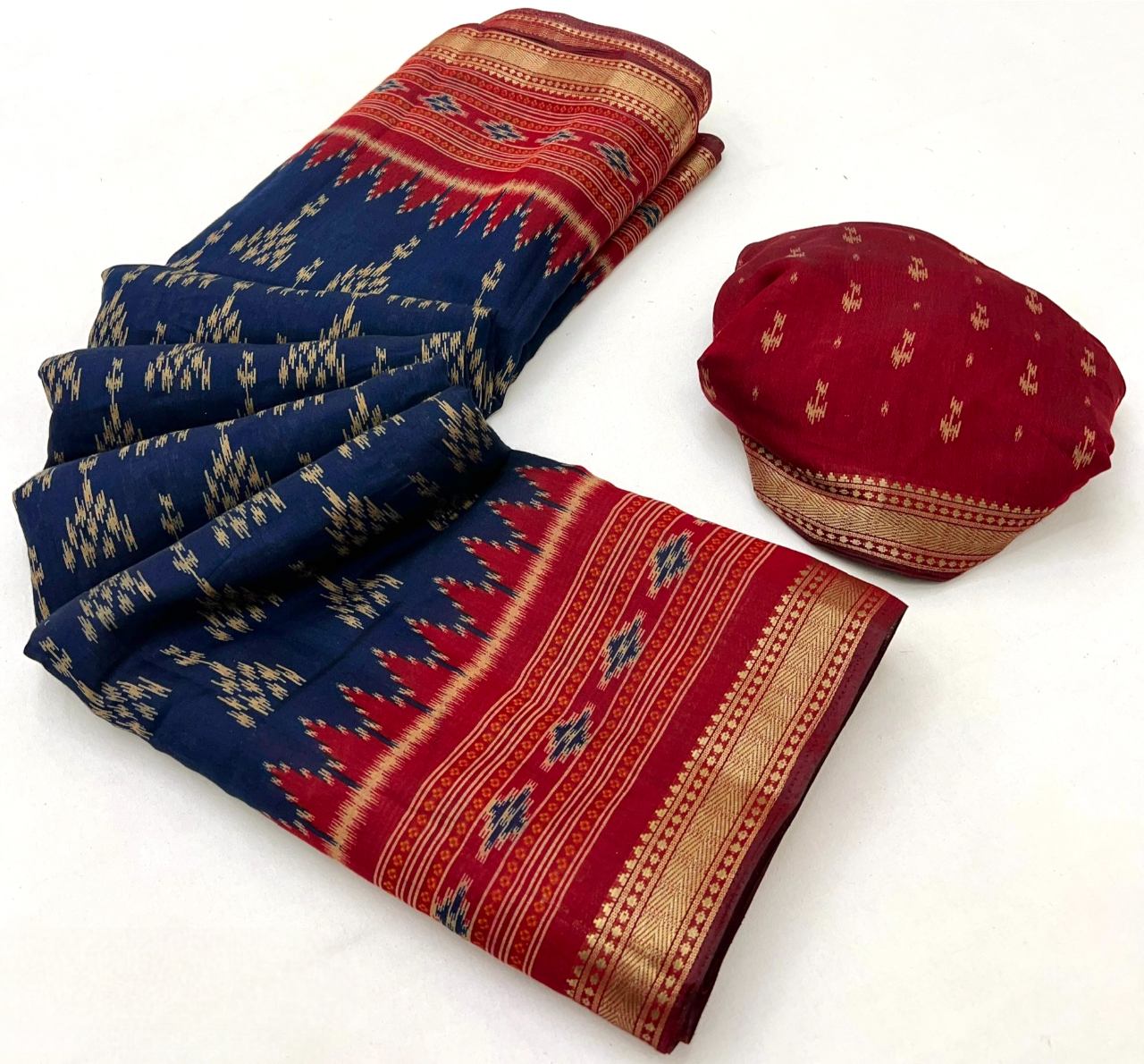Ikkat Cotton Saree with Patola Pallu & Weaving Border (Blue & Red)