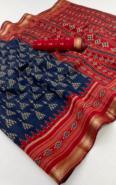 Ikkat Cotton Saree with Patola Pallu & Zari Border (Blue & Red)