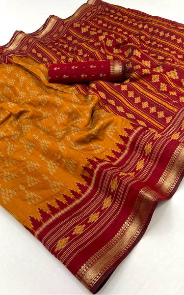 Ikkat Cotton Saree with Patola Pallu & Zari Border ( Yellow & Red )