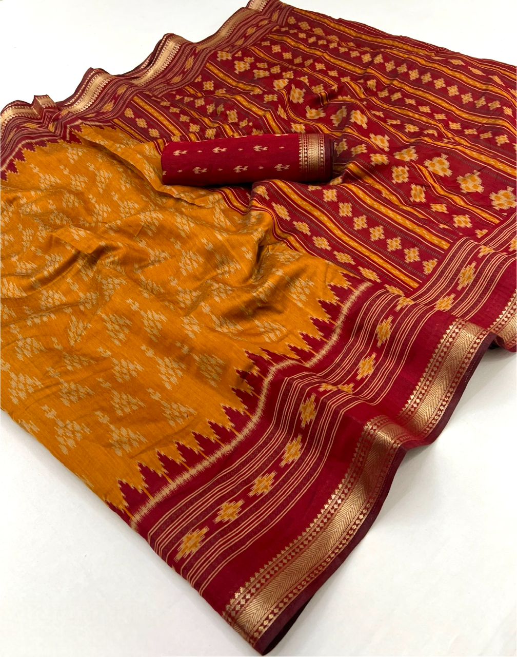 Ikkat Cotton Saree with Patola Pallu & Weaving Border (Yellow & Red)