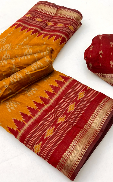 Ikkat Cotton Saree with Patola Pallu & Zari Border ( Yellow & Red )