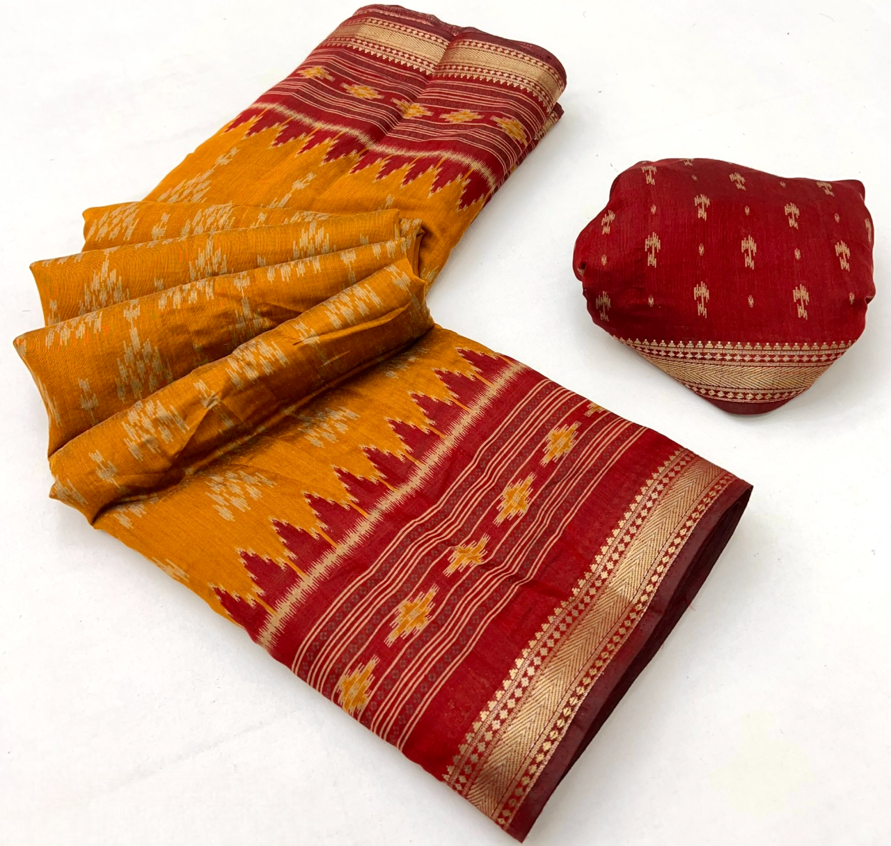 Ikkat Cotton Saree with Patola Pallu & Weaving Border (Yellow & Red)