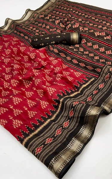Ikkat Cotton Saree with Patola Pallu & Zari Border ( Maroon & Black )