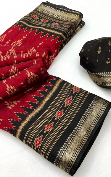 Ikkat Cotton Saree with Patola Pallu & Zari Border ( Maroon & Black )