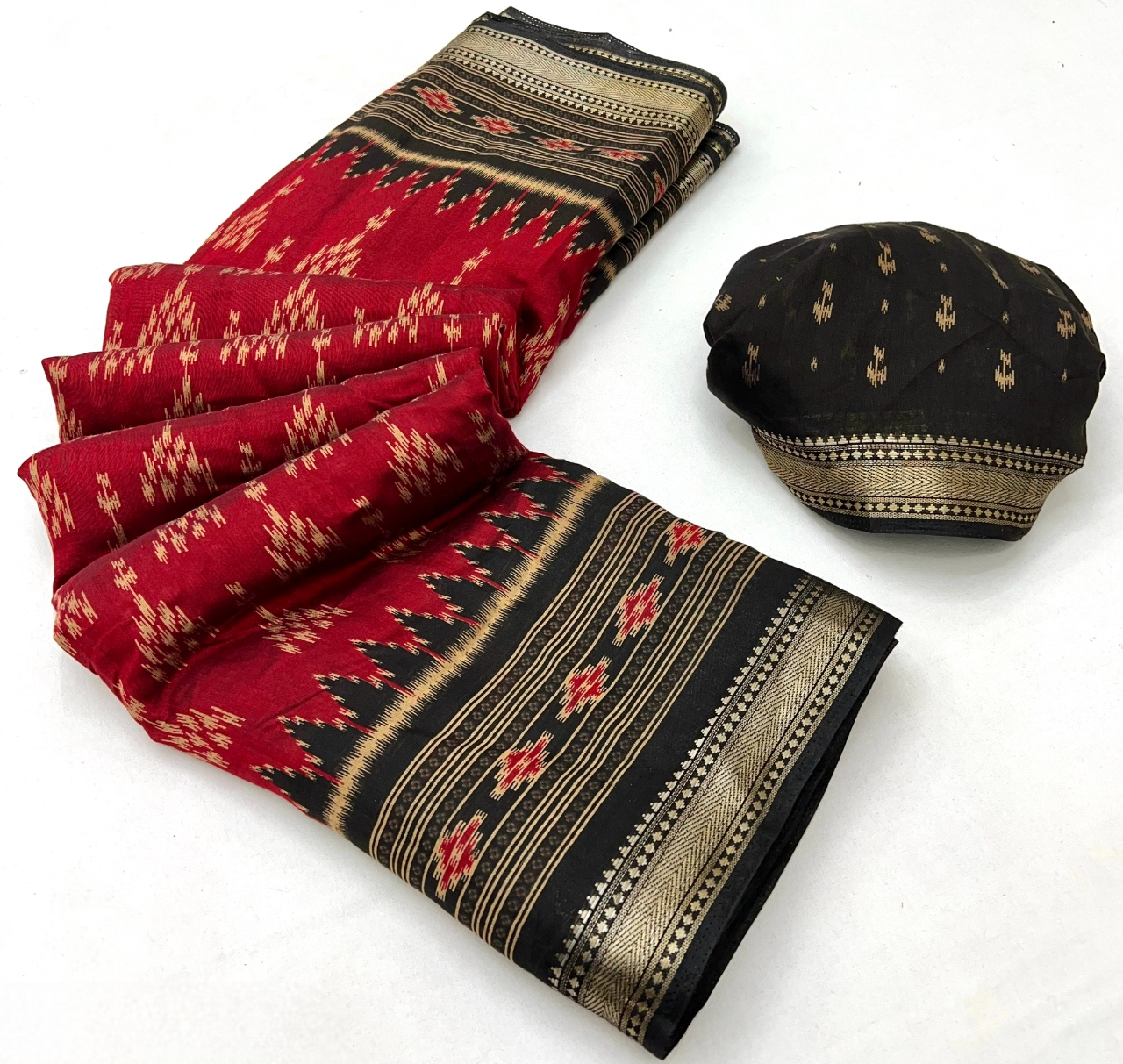 Ikkat Cotton Saree with Patola Pallu & Weaving Border (Maroon & Black)