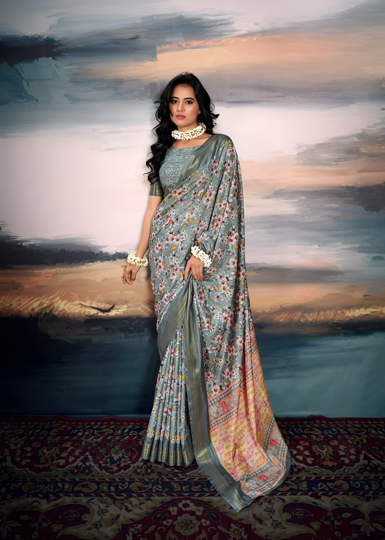 Pure Cotton Silk With Digital Print (Grey)