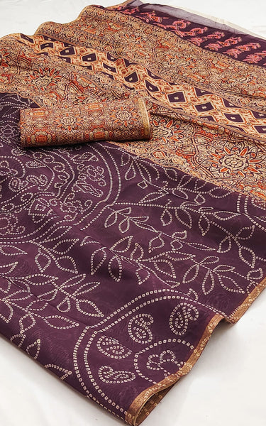 Ajrakh Kalamkari Zari Border Chanderi Saree (Wine)