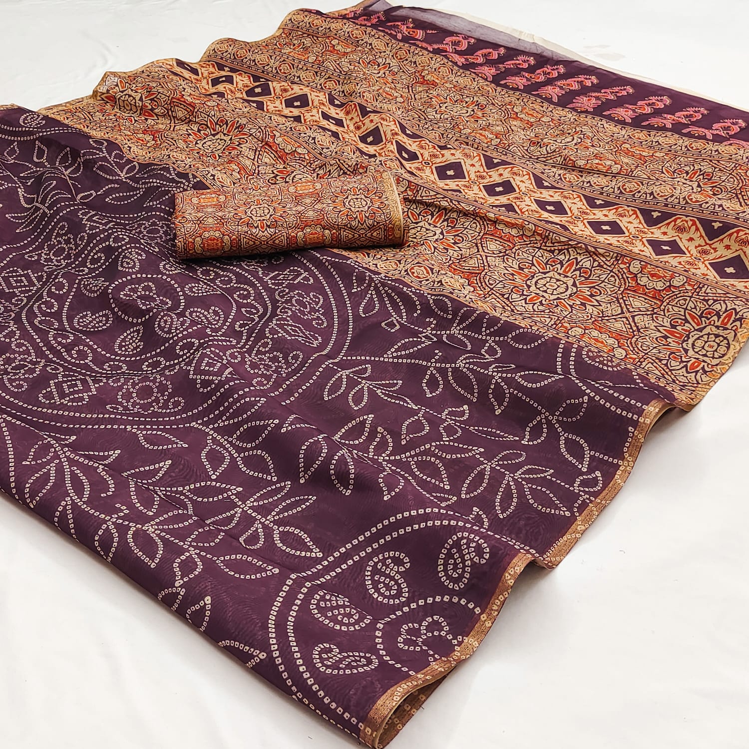 Ajrakh Kalamkari Zari Border Chanderi Saree (Wine)