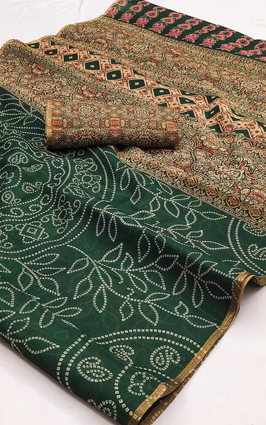 Ajrakh Kalamkari Zari Border Chanderi Saree (Dark Green)