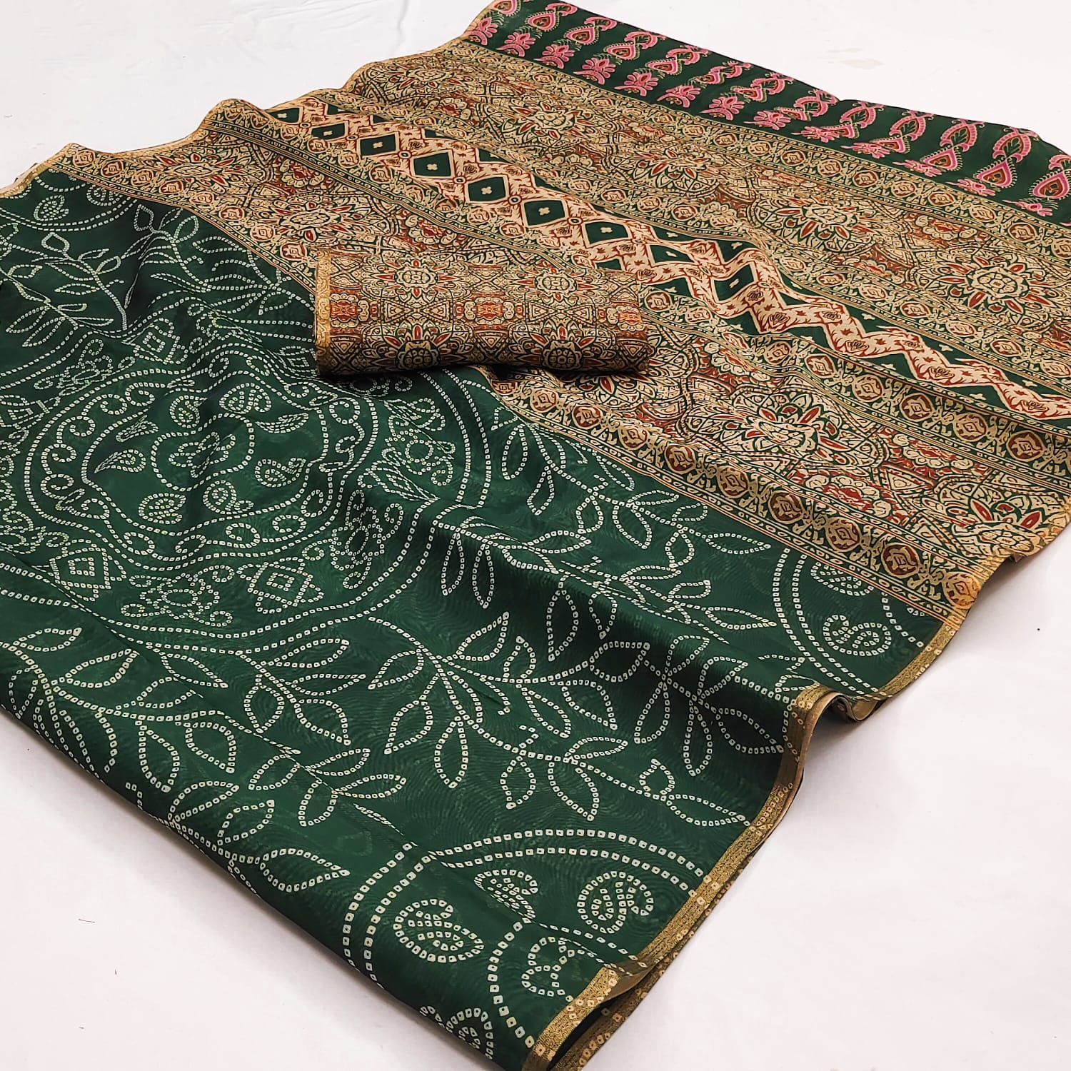 Ajrakh Kalamkari Zari Border Chanderi Saree (Dark Green)