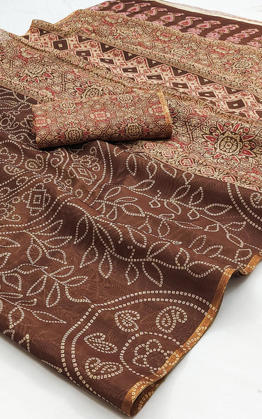 Ajrakh Kalamkari Zari Border Chanderi Saree (Brown)
