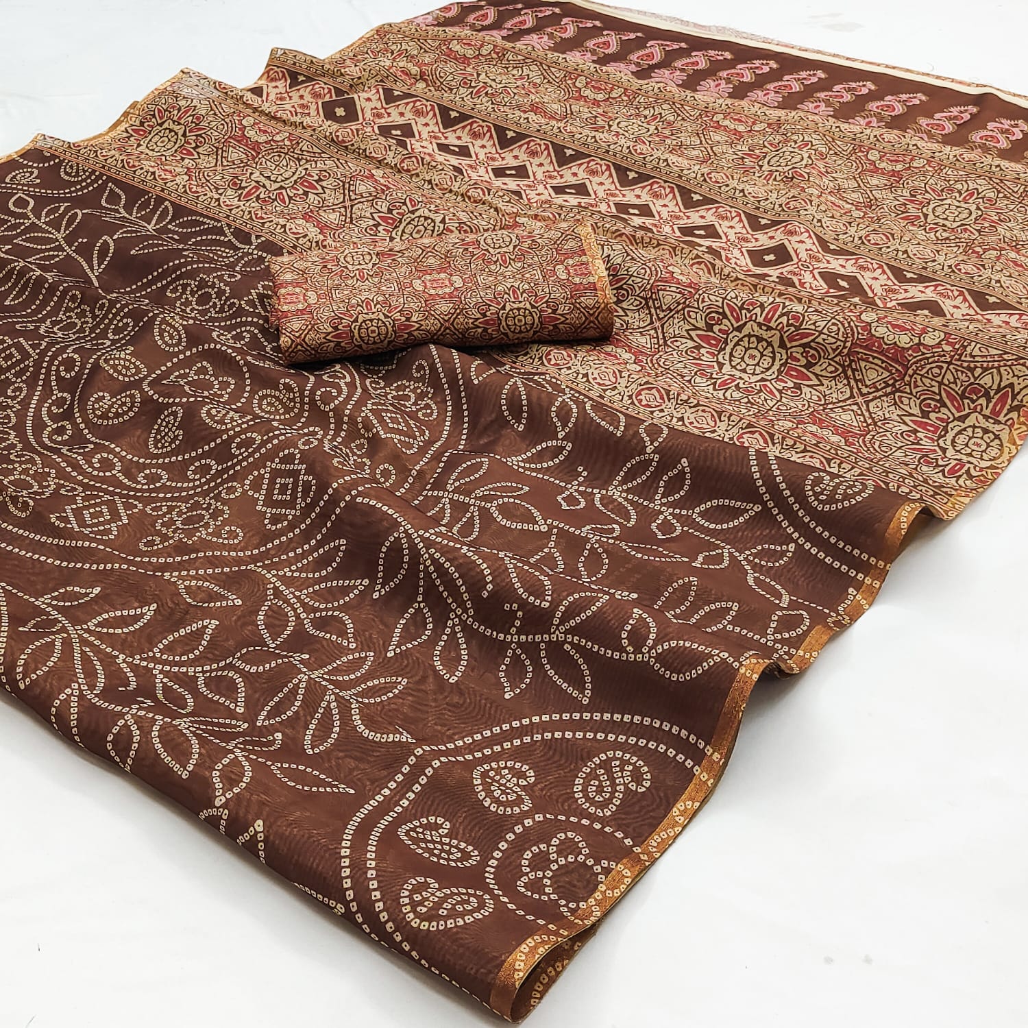 Ajrakh Kalamkari Zari Border Chanderi Saree (Brown)