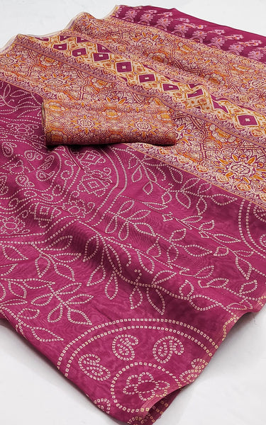 Ajrakh Kalamkari Zari Border Chanderi Saree (Magenta)