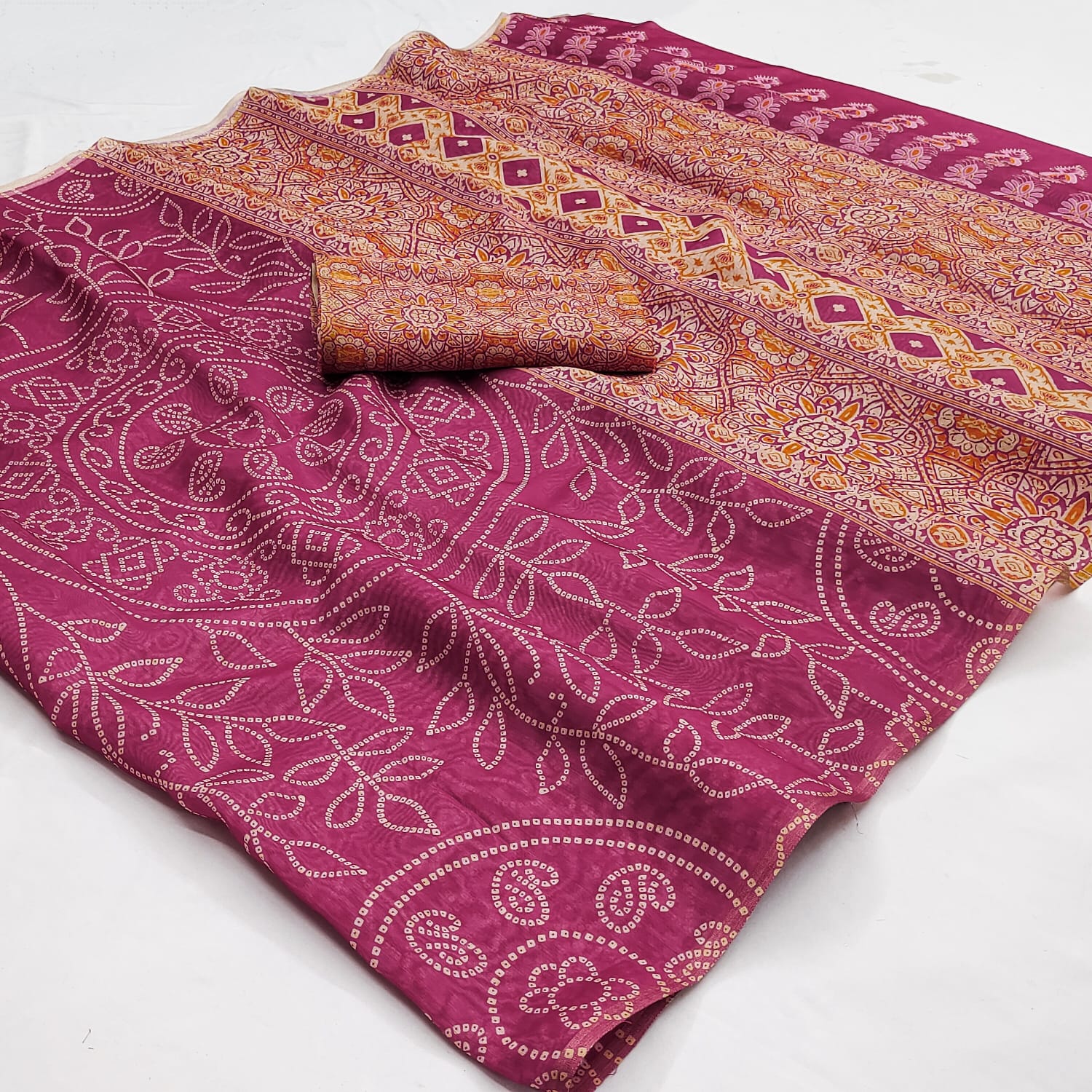 Ajrakh Kalamkari Zari Border Chanderi Saree (Magenta)
