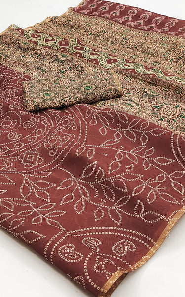 Ajrakh Kalamkari Zari Border Chanderi Saree (Rusty Maroon)