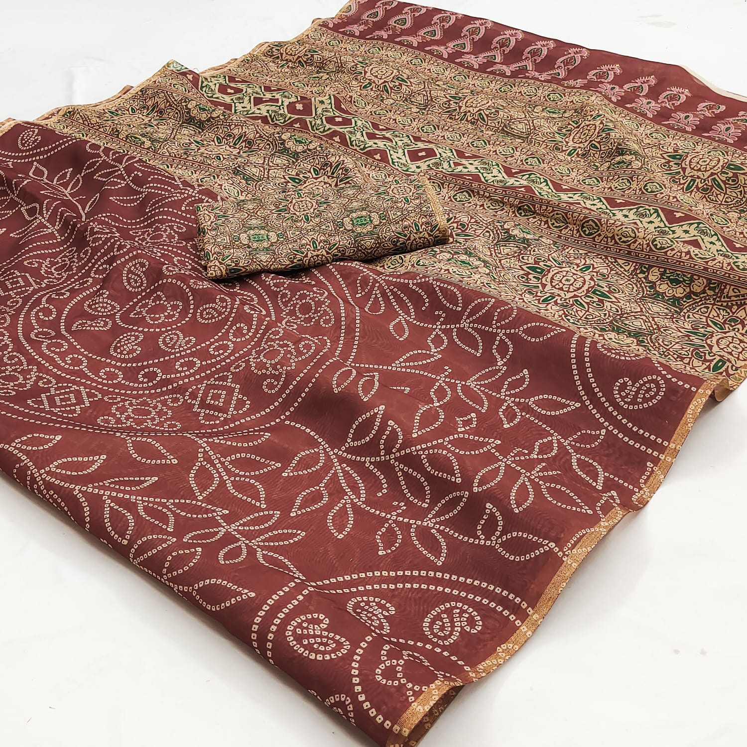 Ajrakh Kalamkari Zari Border Chanderi Saree (Rusty Maroon)