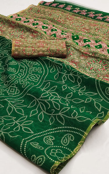 Ajrakh Kalamkari Zari Border Chanderi Saree (Emerald Green)