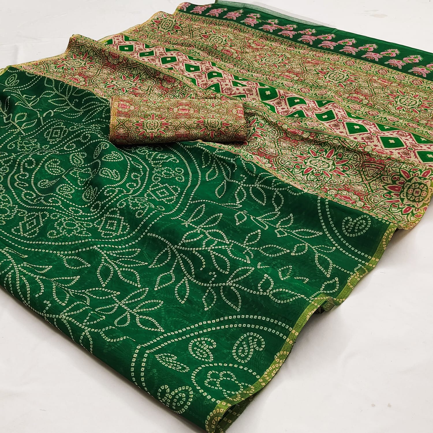 Ajrakh Kalamkari Zari Border Chanderi Saree (Emerald Green)