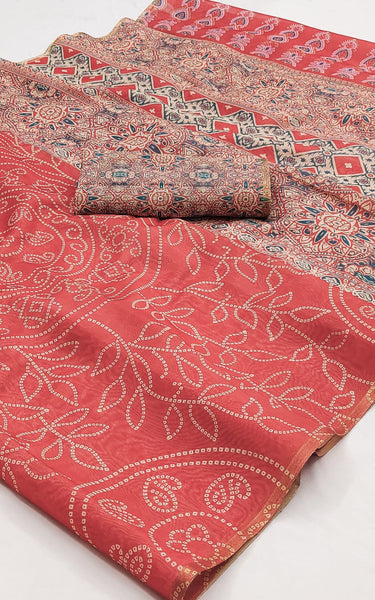 Ajrakh Kalamkari Zari Border Chanderi Saree (Coral Pink)